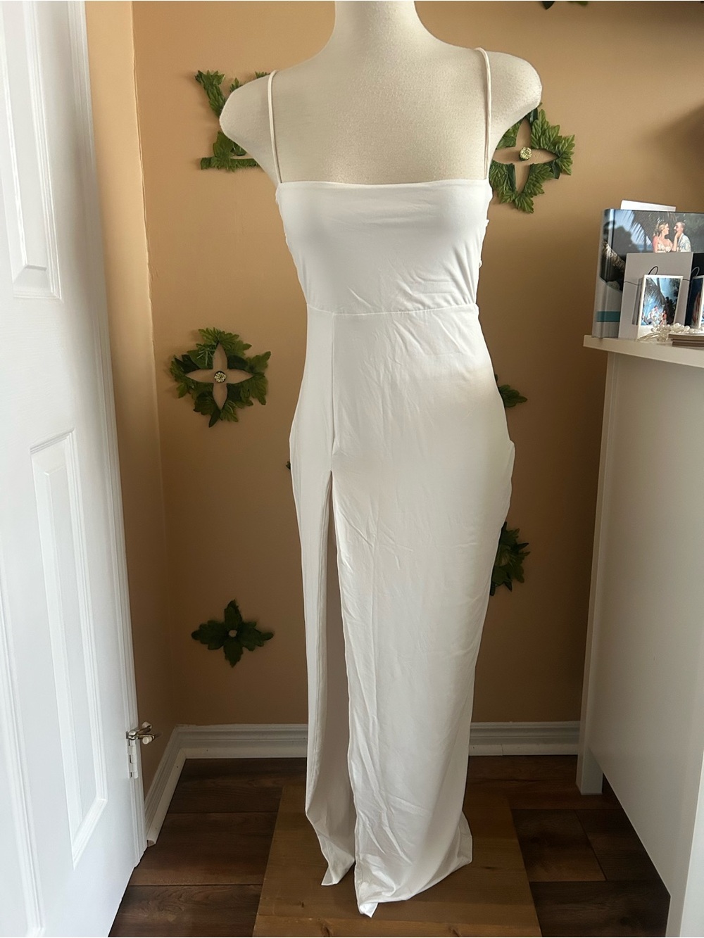 Elegant White Spaghetti-Strap Maxi Dress with Front Slit
